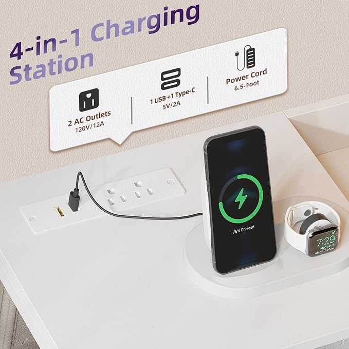 Somdot White Nightstand with Charging Station and LED Light, Wide 5 Drawers - Image 4