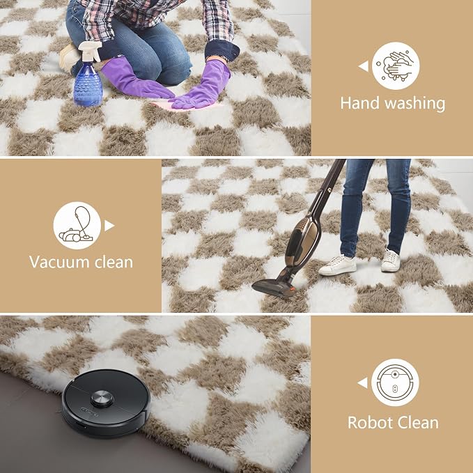 Checkered Area Rugs for Bedroom 5x8, Fluffy Beige and White Checkered Rug Fuzzy - Image 7