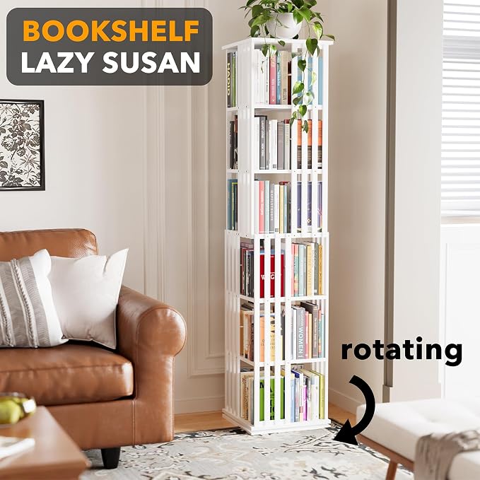 SpaceAid 6 Tier Rotating Bookshelf Tower, Bamboo Spinning Book Shelf, Revolving - Image 4