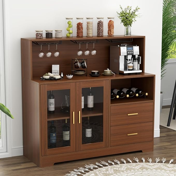 Auromie Wine Bar Cabinet with LED Light, Home Coffee Cabinet with Wine and - Image 8
