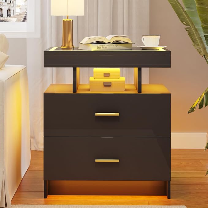 LED Nightstand with Wireless Charging Station, Glass Top Smart Bedside Table - Image 8