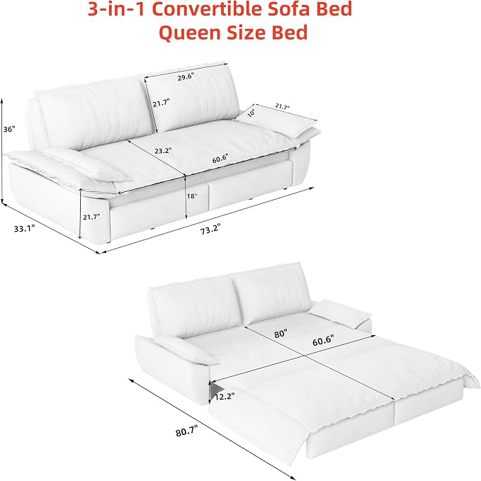 KEIKI 73.2" Luxury Queen Sleeper Sofa Bed, 3-in-1 Convertible Pull Out Couch - Image 2