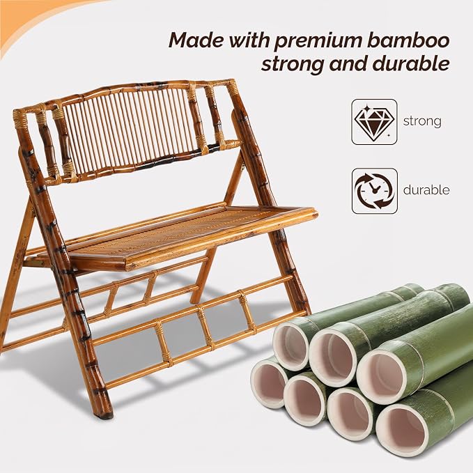 VINGLI Bamboo Rattan Folding Loveseat, Handmade Double Seat Folding Chair - Image 4