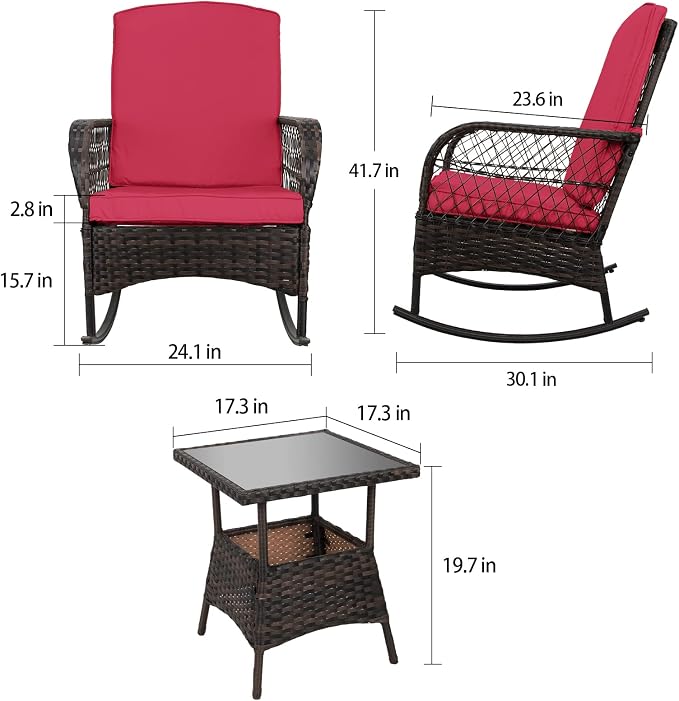 LEVELEVE 3 pcs Rocking Bistro Set Conversation Chairs PE Wicker Outdoor Rocking - Image 2