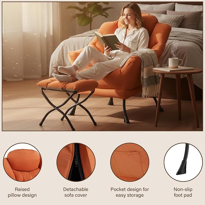 Welnow Lazy Chair with Ottoman for Living Room, Modern Reading Accent Chair - Image 4