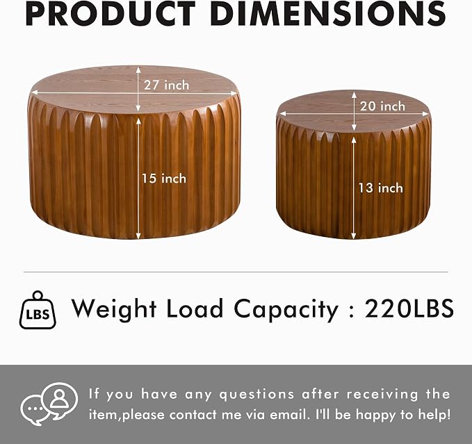 Round Nesting Coffee Table Set of 2, Mid Century Modern Wood Fluted Coffee Table - Image 2