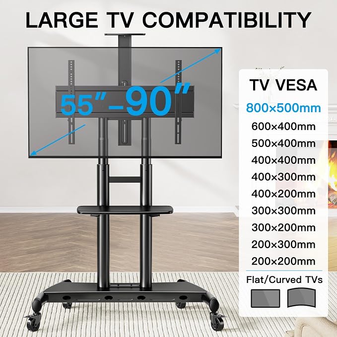 PERLESMITH Mobile TV Stand for 55-90 Inch Flat/Curved Screen TV Max VESA - Image 2