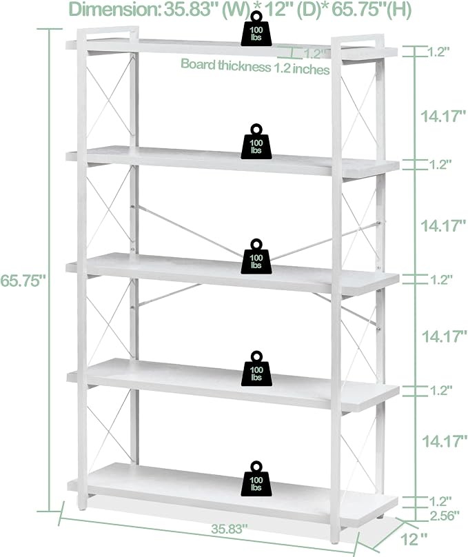 HCHQHS Bookshelf, 5-Tier Industrial Bookcase, Freestanding Tall Bookshelves - Image 3