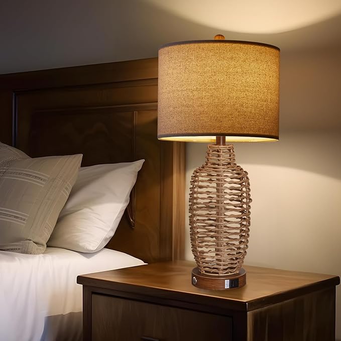 Rattan Table Lamps Set of 2 Wicker Lamps 3 Way Dimmable Touch Control Farmhouse - Image 7