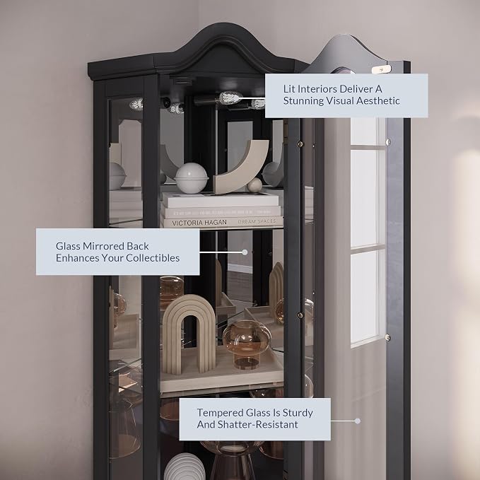 BELLEZE Lighted 3-Side Glass Display Curio Cabinet w/Tempered Glass Doors and - Image 4