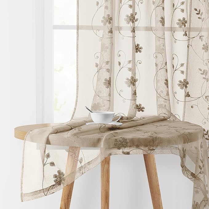 HOMEIDEAS Taupe Sheer Curtains 96 Inches Long 2 Panels Beige Embroidered Floral by HOMEIDEAS