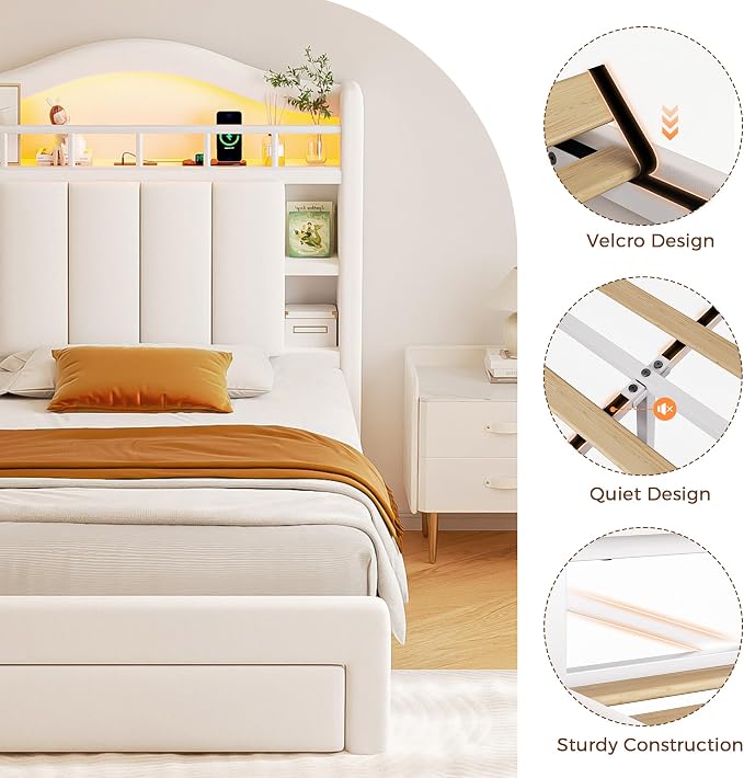 Twin Size Bed Frame with LED Storage Headboard & 2 Storage Drawers, Velvet - Image 9