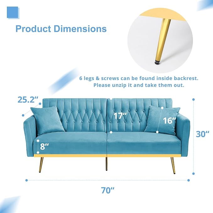 70” Velvet Futon Sofa Bed with 2 Pillows and Adjustable Armrests, Convertible - Image 3