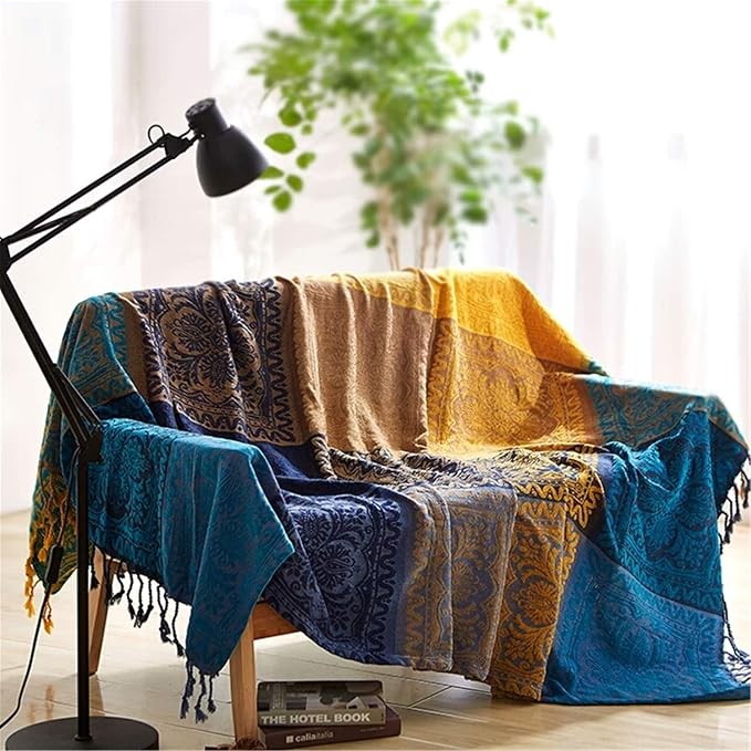 Bohemian Throw Blanket for Couch，Colorful Chenille Tassels Boho Woven Hippie by Unknown