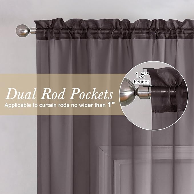 Lecloud Sheer Curtains 63 Inch Length 2 Panels Set, Chocolate Window Curtains - Image 2