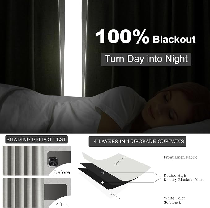 Topfinel 92 Inch Linen 100% Blackout Curtains 2 Panels - Image 3