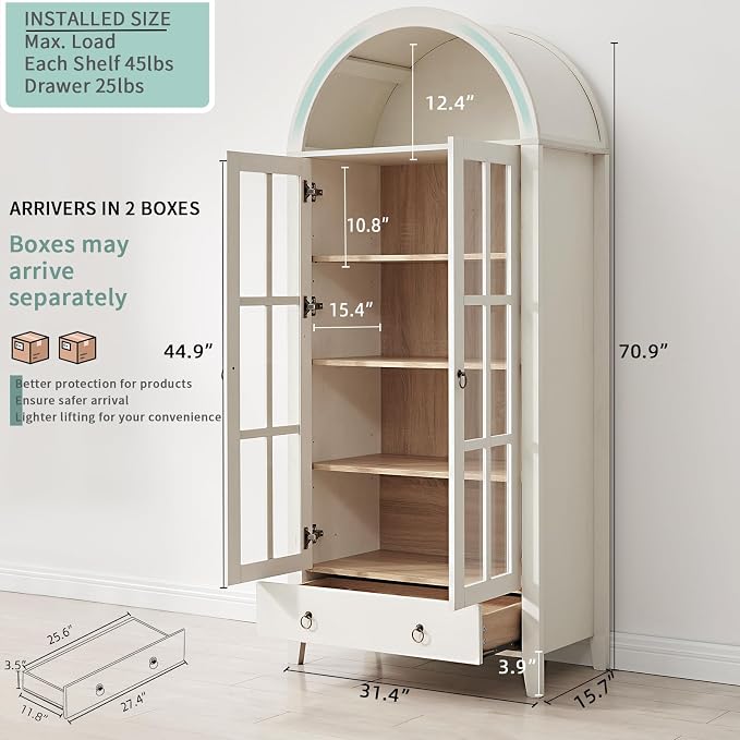 Farmhouse Arched Cabinet with Glass Doors, Wood Display Cabinet with Drawer and - Image 2