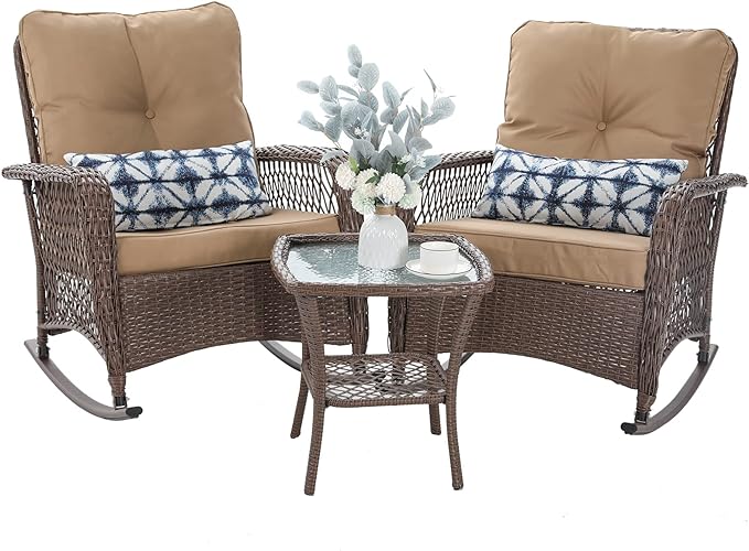 Patio Furniture Set 3 Pieces, Wicker Rocking Bistro Set by VonzoyHome