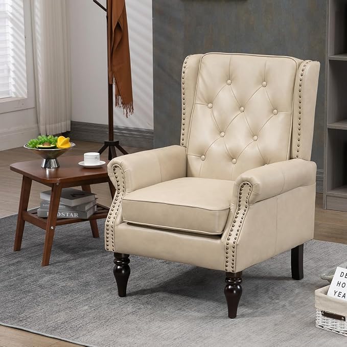 Mid-Century High Wingback Chair Set of 2, Faux Leather Accent Chair Armchair - Image 2