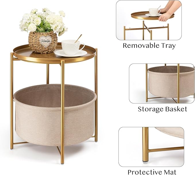 danpinera Gold Side Table with Fabric Storage Basket, Metal Round Side Small - Image 4