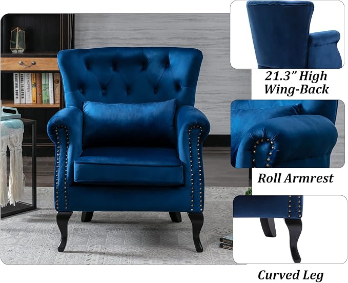 Set of 2 Mid-Century Modern Accent Chair, Velvet Armchair w/Tufted Back/Wood - Image 6
