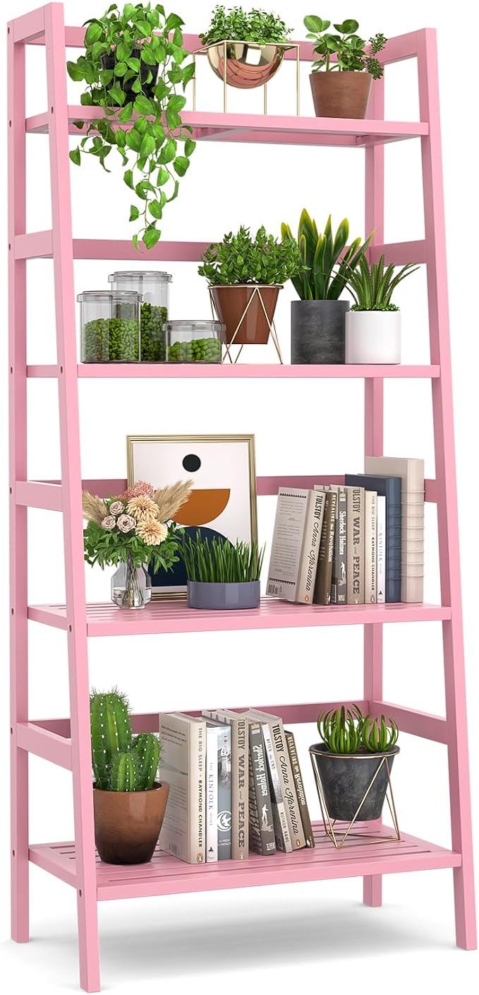 Homykic Bamboo Ladder Bookshelf, 4-Tier Ladder Shelf Open Book Shelf by Homykic