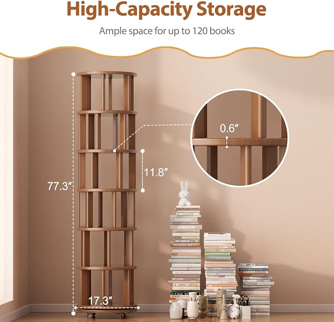 Muwuele 6 Tier Rotating Bookshelf Tower, Solid Wood Bookshelf on Wheels - Image 2