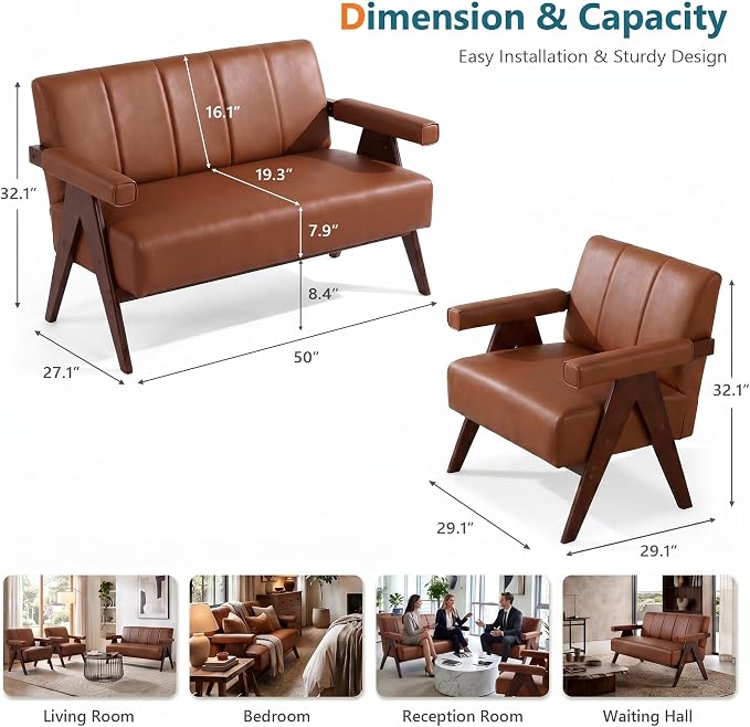 STHOUYN Brown Leather Loveseat Sofa and Accent Chairs Set of 2, Mid-Century - Image 8