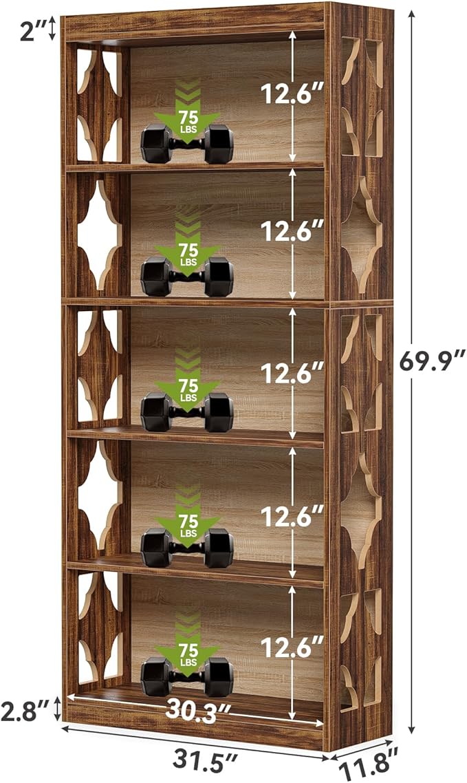 LITTLE TREE 69.9" Vintage Bookshelf, 5-Tier Tall Bookshelves, Cutout Design - Image 2