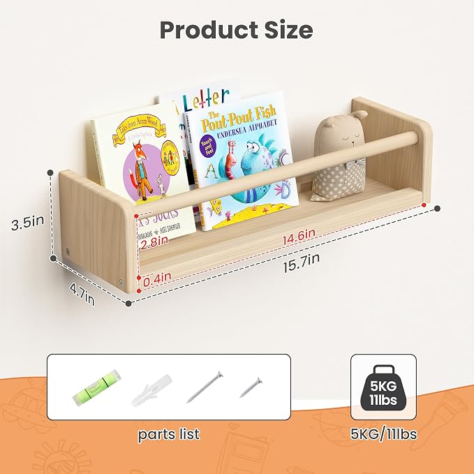 upsimples 2 Pack Nursery Book Shelves, 15.7 Inch Floating Bookshelves - Image 2