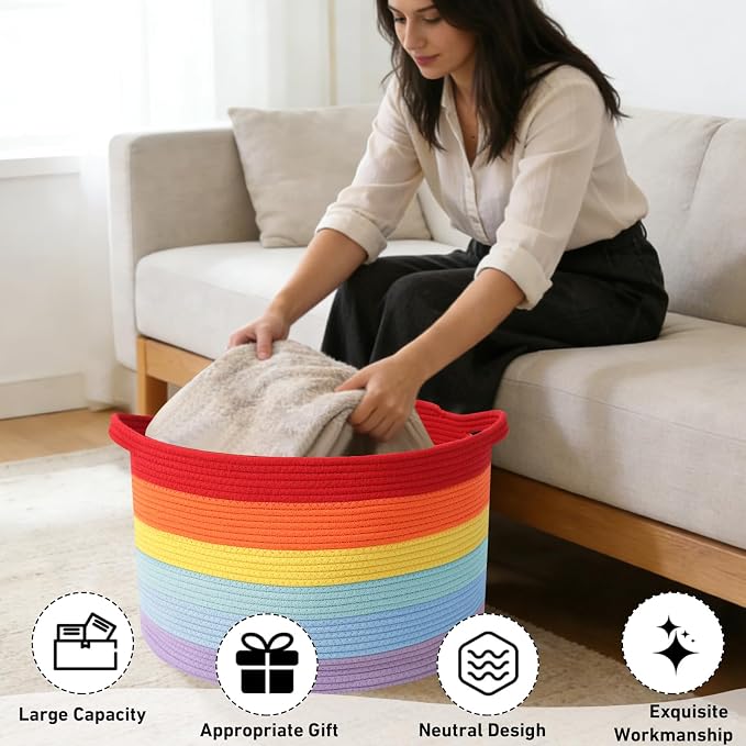 90L Large Blanket Basket, 21.7"L x 21.7"W x 13.8"H Rope Woven Baskets - Image 4