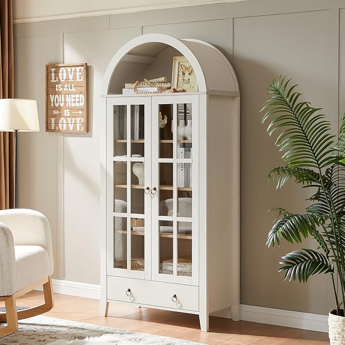 Farmhouse Arched Cabinet with Glass Doors, Wood Display Cabinet with Drawer and - Image 4