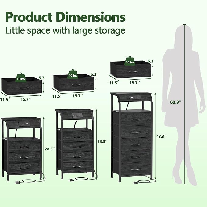 Furnulem Night Stand with Charging Station, 4 Drawer Dresser with Storage Shelf - Image 9