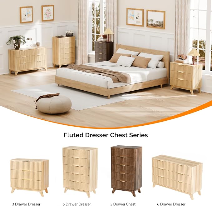 VINGLI Fluted Tall Dresser 5 Drawer, 23.66" W Chest of Drawers, Walnut Wood - Image 6