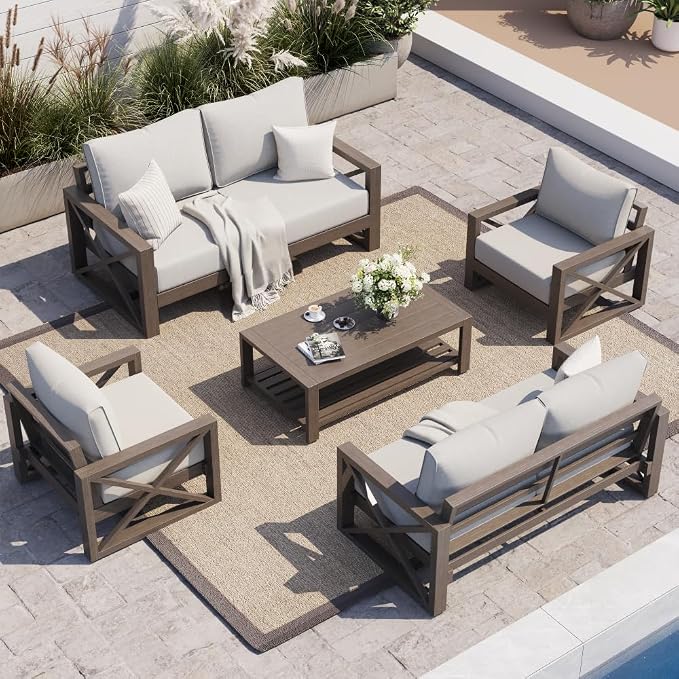 UDPATIO Aluminum Patio Furniture Set, Faux Wood Grain Modern Outdoor Furniture by UDPATIO