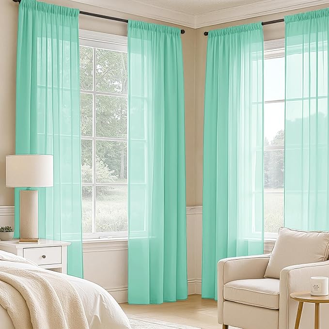 MIULEE Aqua Sheer Curtains 72 Inches Long, 4 Panels Set, Light Filtering Rod - Image 2