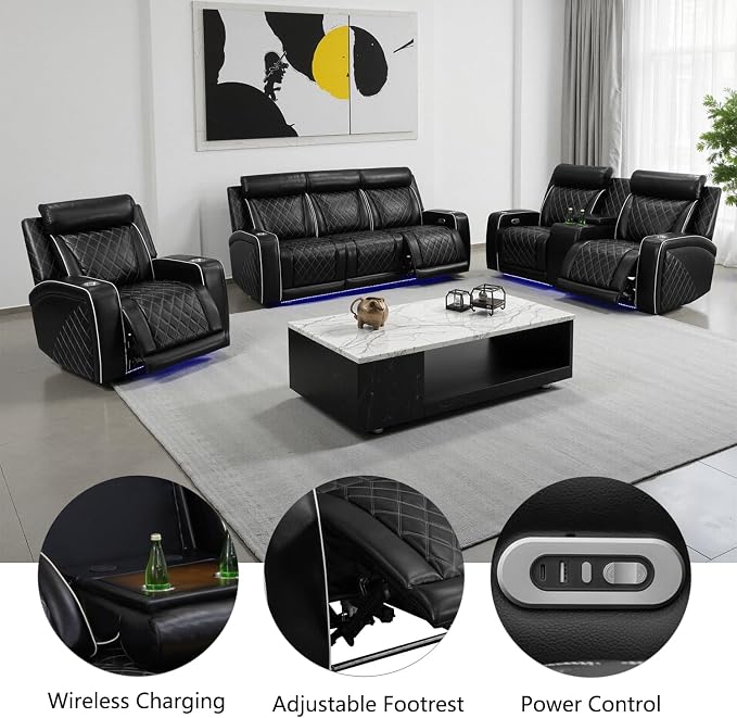 Power Recliner Sofa Set with LED, Breathable Leather Recliner Couch Loveseat - Image 3