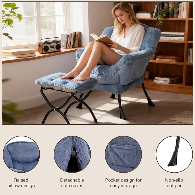 Welnow Lazy Chair with Ottoman, Modern Accent Chair with Armrests and a Side - Image 4