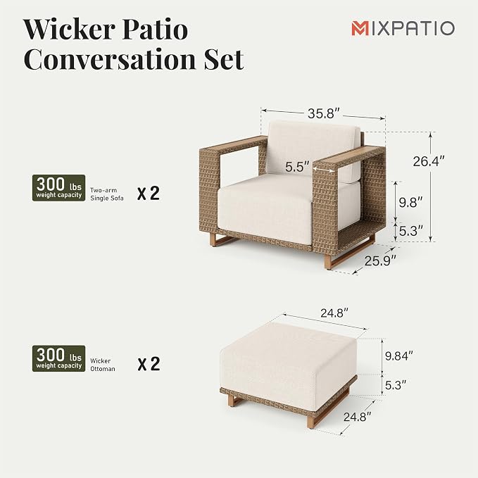 MIXPATIO 4 Pcs Outdoor Patio Furniture Set, 2 Rattan Single Sofa, 2 Ottomans - Image 6