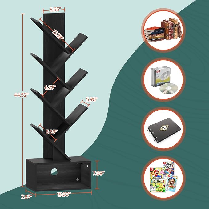 Yoobure Tree Bookshelf, 6 Tier Small Book Shelf Retro Floor Standing Bookcase - Image 3