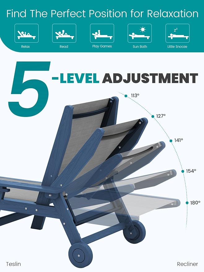 SERWALL Textilene Patio Chaise Lounge Chair, 5 Positions Adjustable Outdoor - Image 3
