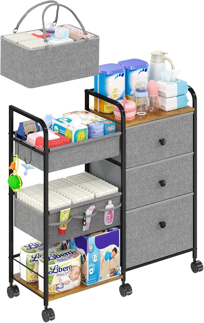 Cidaziya 2In1 Baby Diaper Caddy Organizer and Storage, 3 Tier Rolling Cart by Cidaziya
