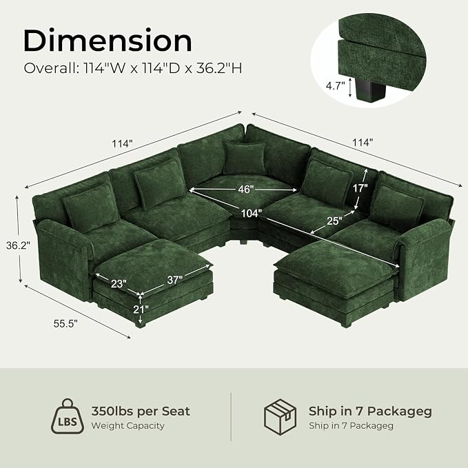 ELUCHANG 114" Oversized V-Shaped Cloud Couch Modular Sectional Sofa - Image 2