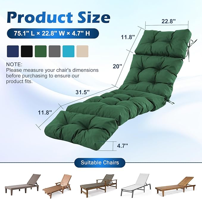 Chaise Lounge Cushions Outdoor, Waterproof & Fade Resistant Patio Lounge Chair - Image 2