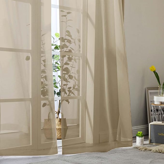 Sheer Taupe Curtains for Bedroom Living Room 90 Inches Long 2 Panels Set - Image 9