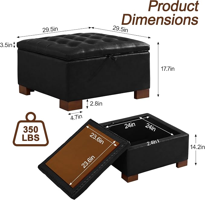 WUTUTUEE 30" Faux Leather Square Storage Ottoman - Image 2
