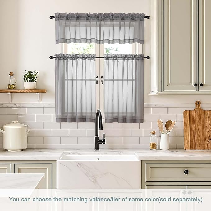 Grey Valances for Windows 14 inch Length 2 Panels, Small Voile Sheer Curtains - Image 2