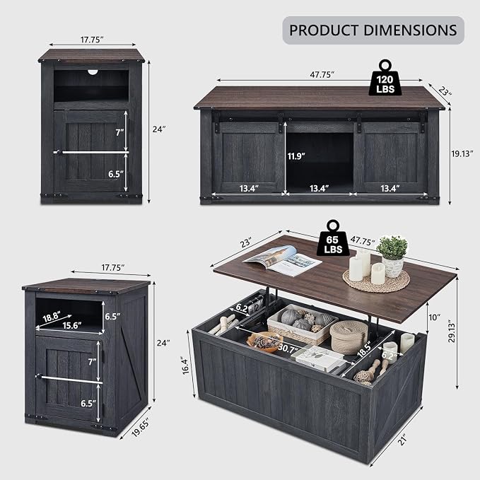 IFGET Farmhouse Furniture Set of 3, Includes 48" Lift Top Coffee Table - Image 2