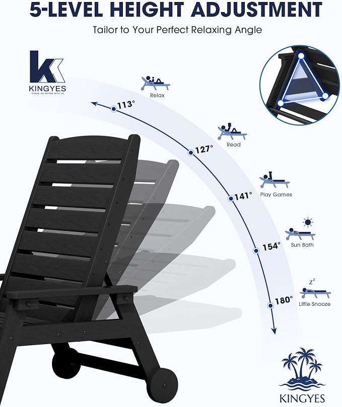 KINGYES HDPE Lounge Chair Outdoor Set of 2, Patio Chaise Lounge Recliner - Image 3