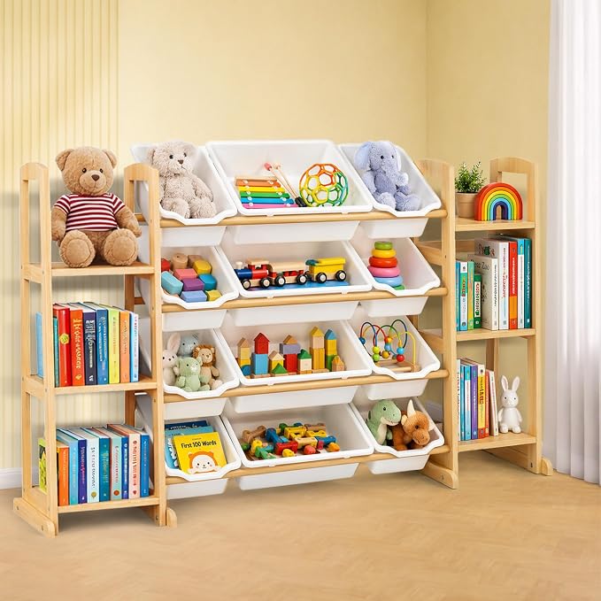 Toy Storage Organizer with Bookshelf – Wooden Toy Organizer with 12 Toy Bins & by KidsToyStorageOrganizer